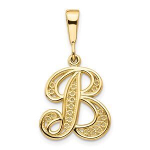 14k Yellow Gold, Maci Collection, LG Filigree Script Initial B Pendant
